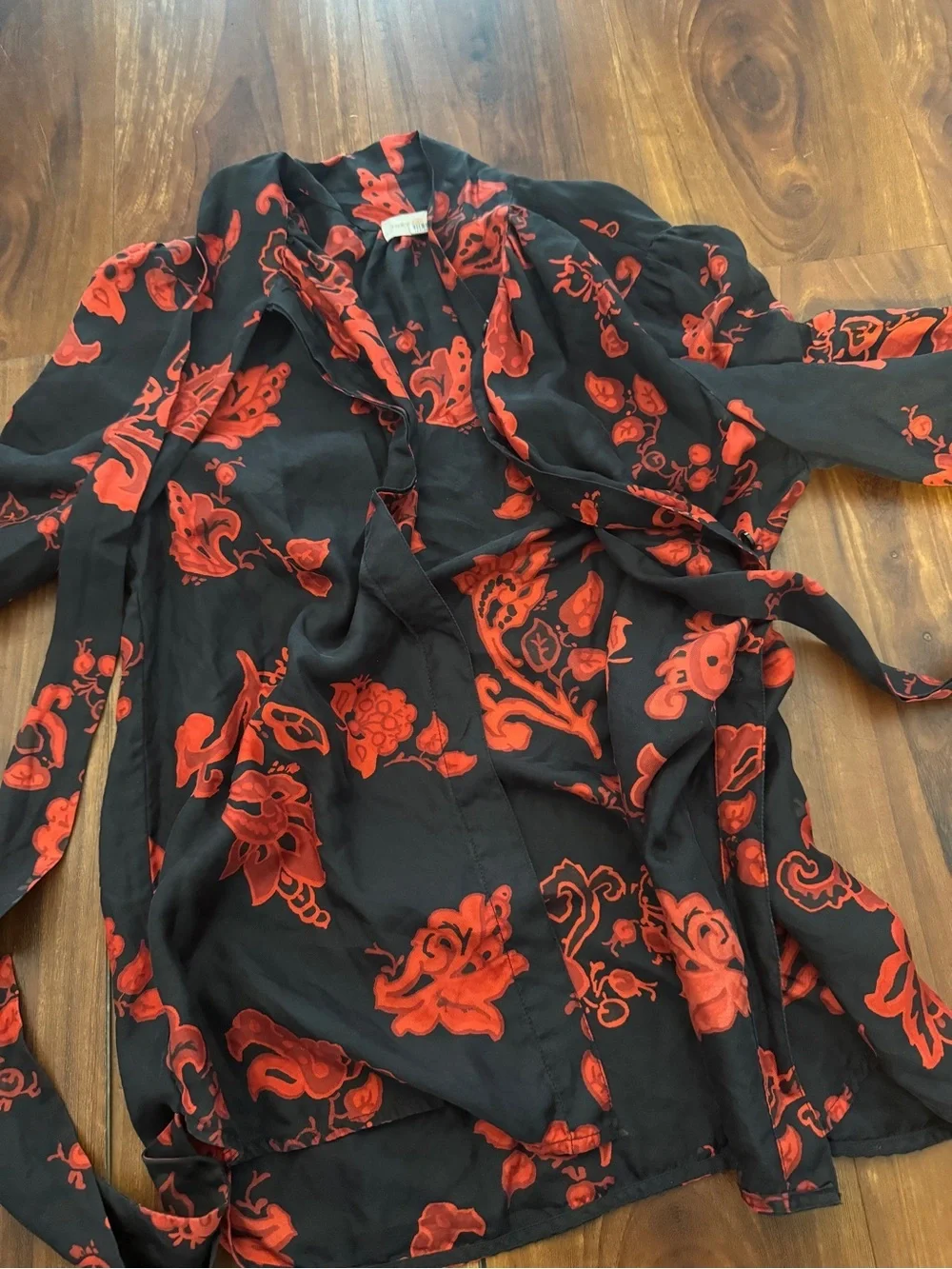 Tory Burch Black Blouse with Red Floral Tie-Neck